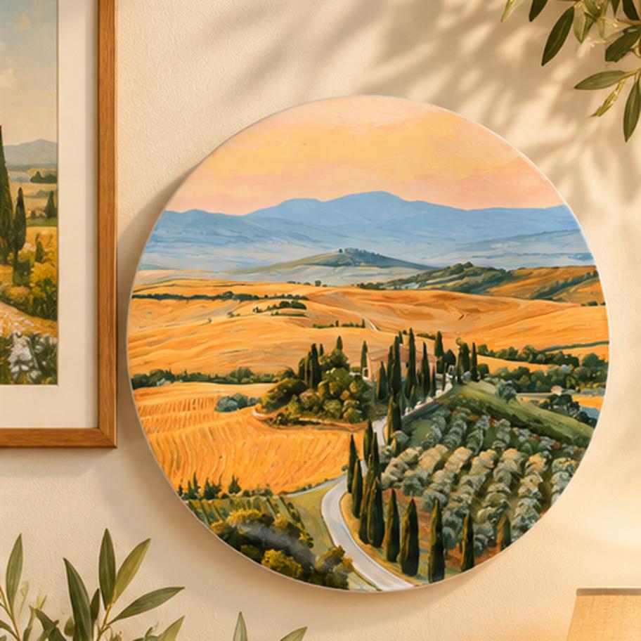 Golden Hour Tuscan Countryside Wall Plate displayed on a wall
