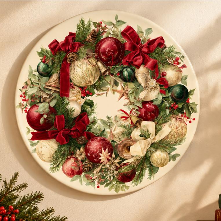 Victorian Christmas Wreath Wall Plate displayed on a wall