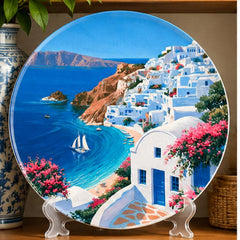 Santorini Bougainvillea Cove Wall Plate on a tabletop stand