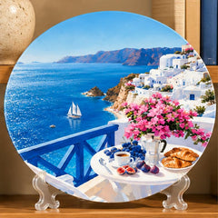 Santorini Seaside Breakfast Wall Plate on a tabletop stand