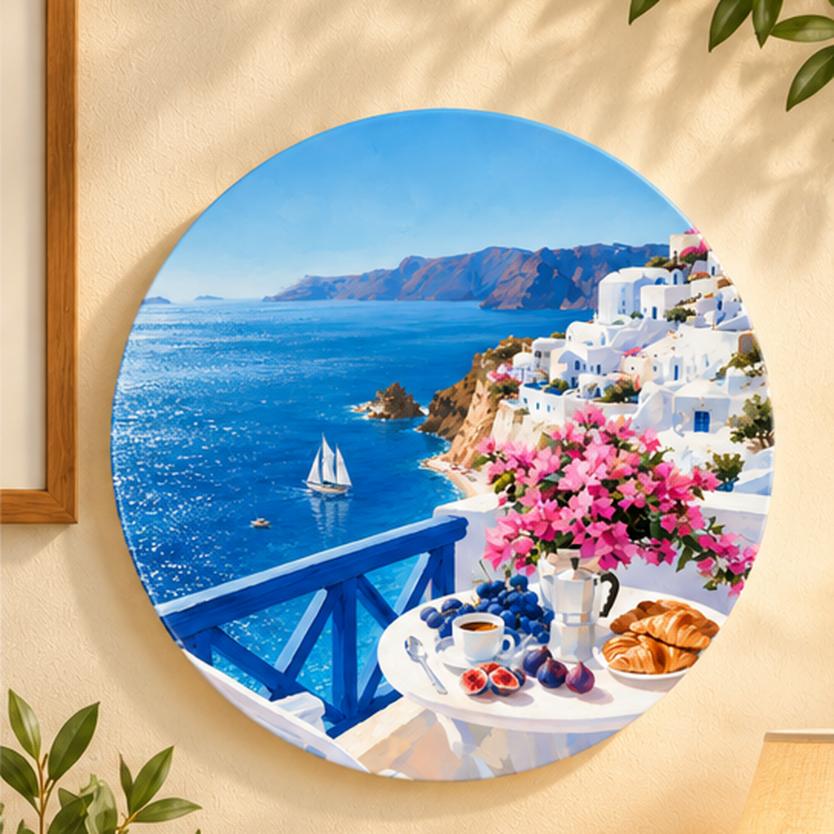 Santorini Seaside Breakfast Wall Plate displayed on a wall