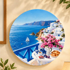 Santorini Seaside Breakfast Wall Plate displayed on a wall