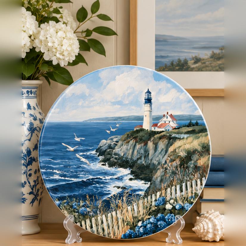 Coastal Lighthouse & Seabirds Wall Plate on a tabletop stand