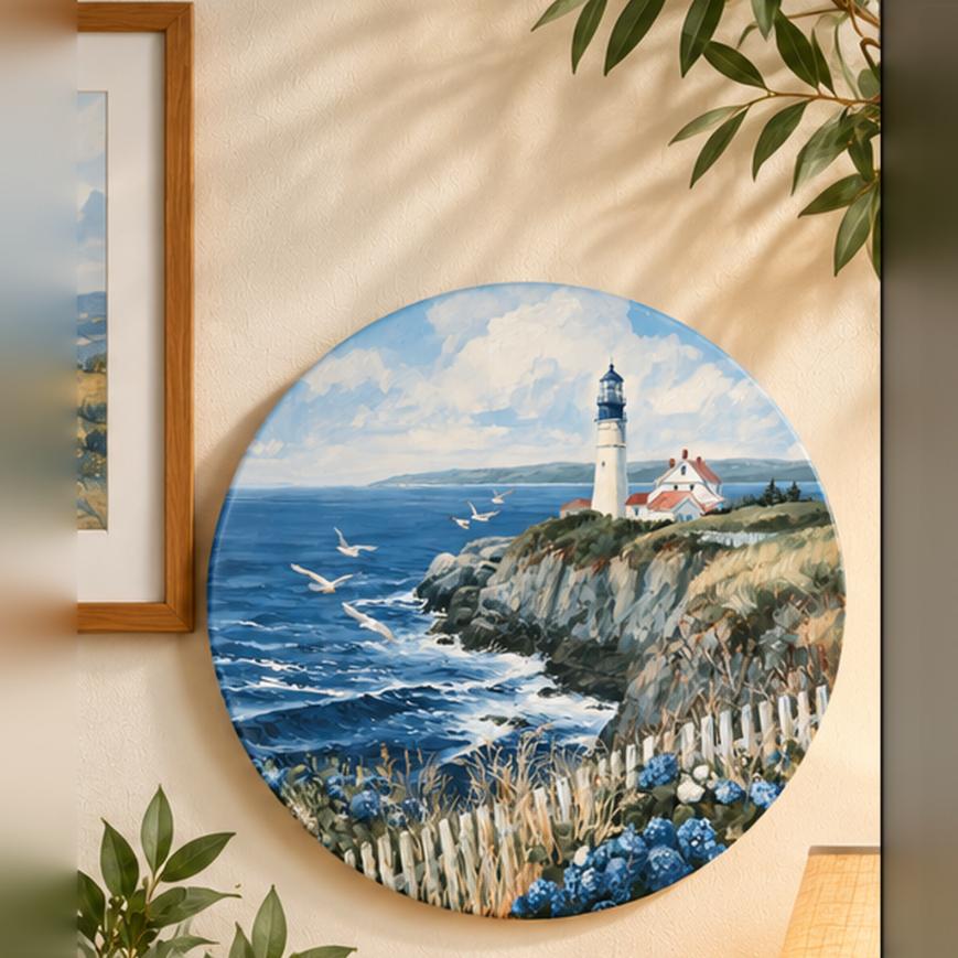 Coastal Lighthouse & Seabirds Wall Plate displayed on a wall