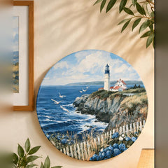 Coastal Lighthouse & Seabirds Wall Plate displayed on a wall