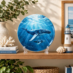 Ocean Giants Humpback Whales Wall Plate on a tabletop stand