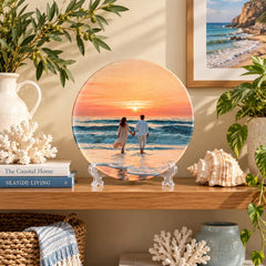 Sunset Lovers Beach Walk Wall Plate on a tabletop stand