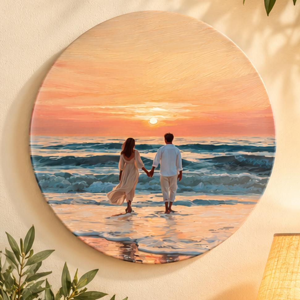 Sunset Lovers Beach Walk Wall Plate displayed on a wall