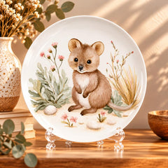 Baby Quokka & Wildflowers Wall Plate on a tabletop stand
