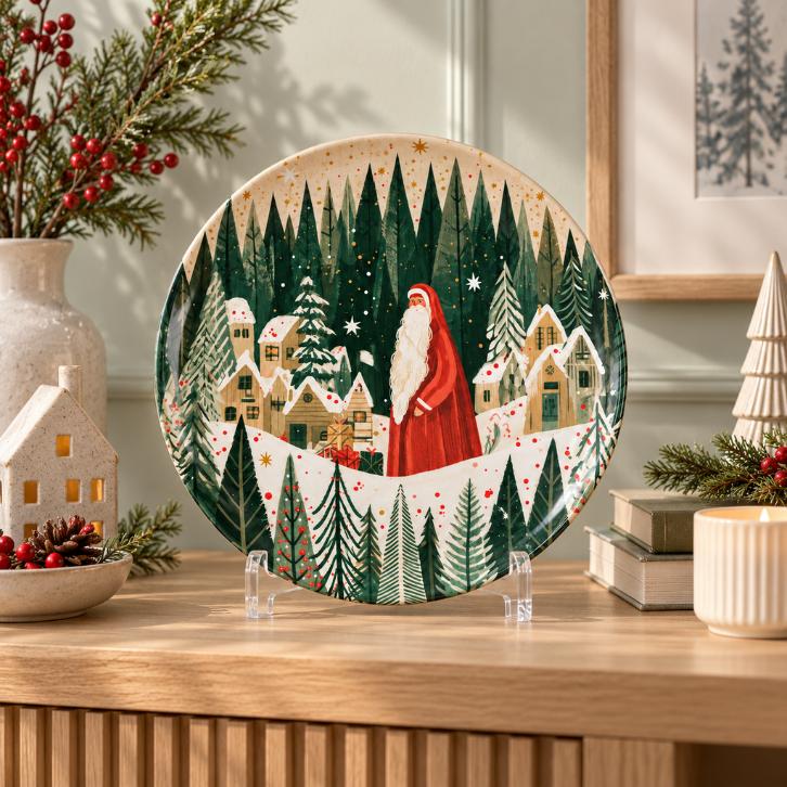 Santa's Snowy Evergreen Village Wall Plate on a tabletop stand