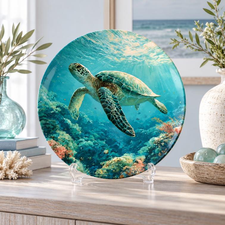 Sea Turtle Coral Reef Sanctuary Wall Plate on a tabletop stand