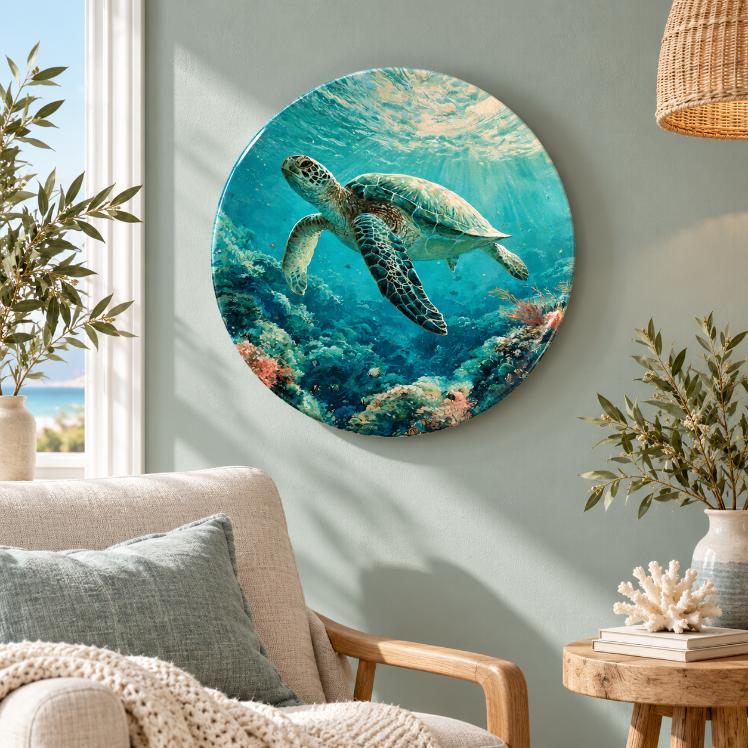 Sea Turtle Coral Reef Sanctuary Wall Plate displayed on a wall