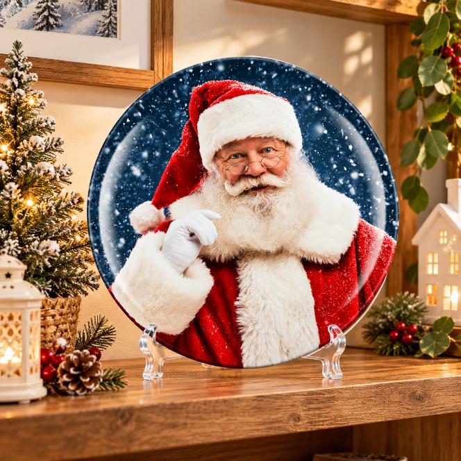 Classic Santa Snowfall Portrait Wall Plate on a tabletop stand