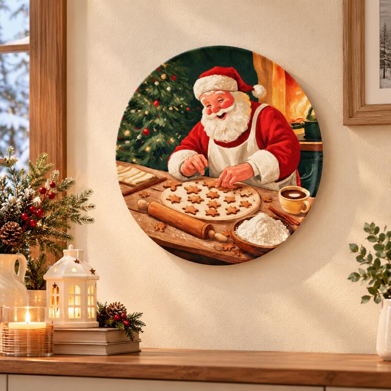 Santa’s Christmas Cookie Kitchen Wall Plate displayed on a wall
