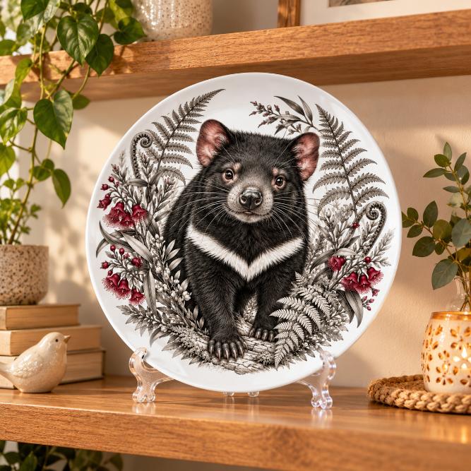 Tasmanian Devil Fern & Bellflower Wall Plate on a tabletop stand