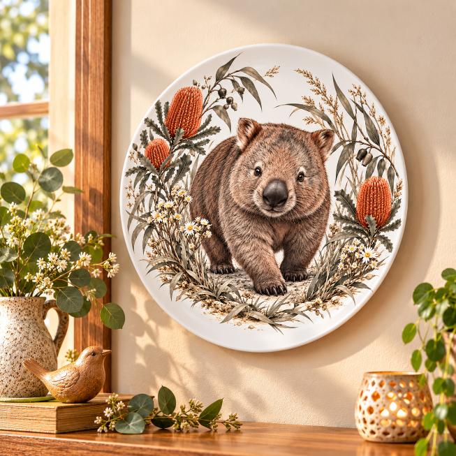 Wombat & Banksia Bushland Wall Plate displayed on a wall