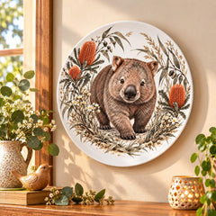 Wombat & Banksia Bushland Wall Plate displayed on a wall