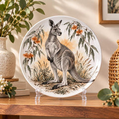 Kangaroo & Eucalyptus Blossom Wall Plate on a tabletop stand