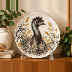 Emu Among Golden Grasses Wall Plate on a tabletop stand