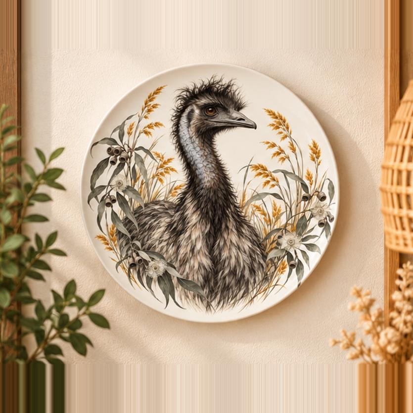 Emu Among Golden Grasses Wall Plate displayed on a wall