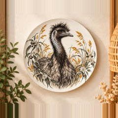Emu Among Golden Grasses Wall Plate displayed on a wall