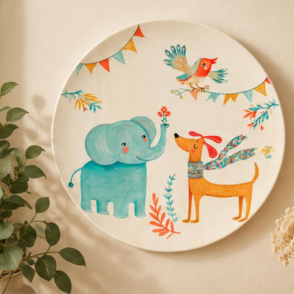 Little Elephant & Friends Wall Plate displayed on a wall
