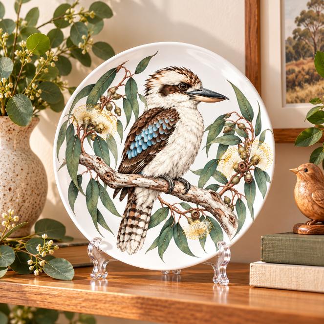 Kookaburra & Gum Blossom Wall Plate on a tabletop stand