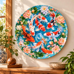 Koi Harmony Lotus Pond Wall Plate displayed on a wall