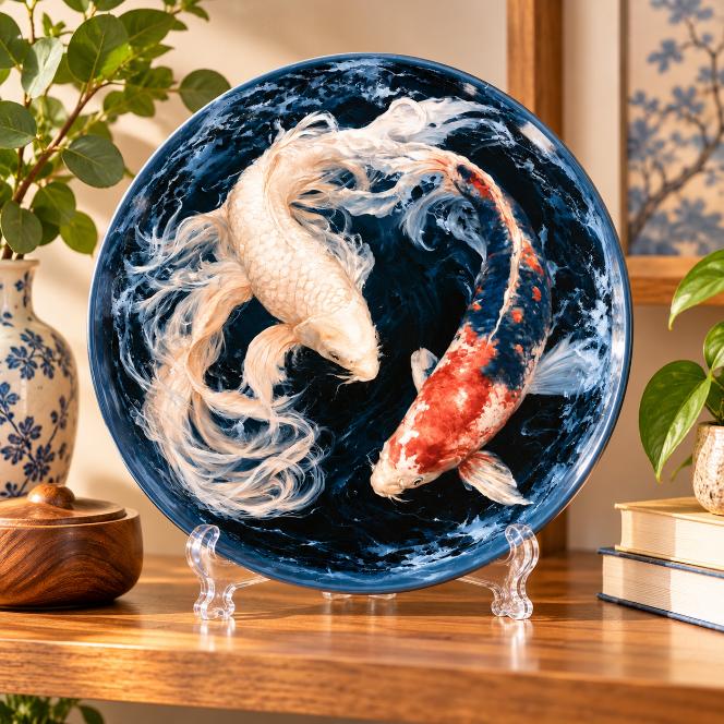Yin Yang Dancing Koi Wall Plate on a tabletop stand