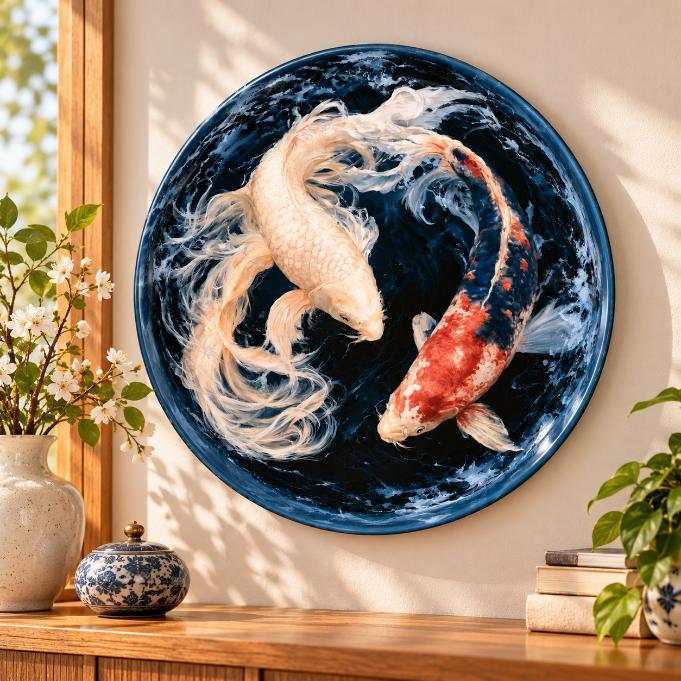 Yin Yang Dancing Koi Wall Plate displayed on a wall