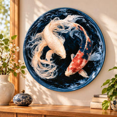 Yin Yang Dancing Koi Wall Plate displayed on a wall