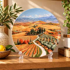 Golden Tuscan Vineyard Wall Plate on a tabletop stand