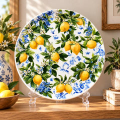 Mediterranean Lemon Garden Wall Plate on a tabletop stand