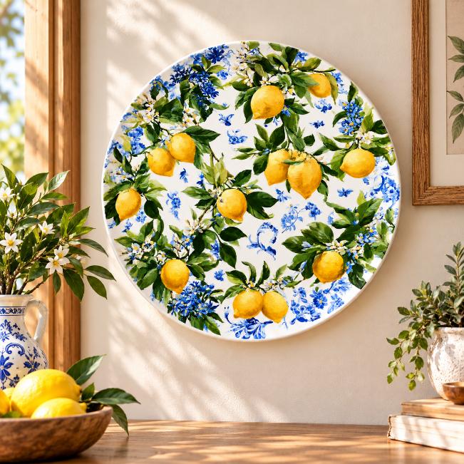 Mediterranean Lemon Garden Wall Plate displayed on a wall