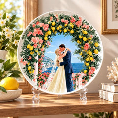 Amalfi Romance Wedding Wall Plate on a tabletop stand