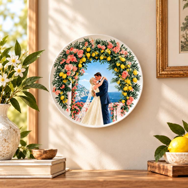 Amalfi Romance Wedding Wall Plate displayed on a wall