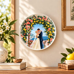 Amalfi Romance Wedding Wall Plate displayed on a wall
