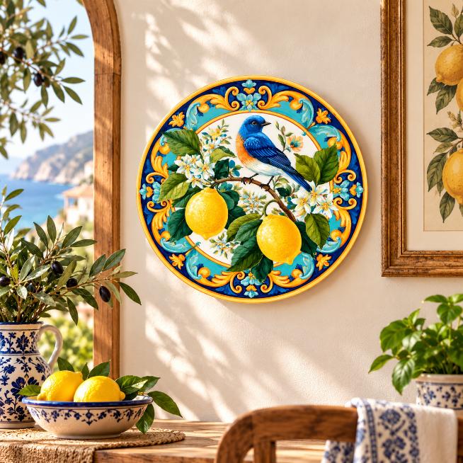 Sicilian Bluebird Lemon Garden Wall Plate displayed on a wall