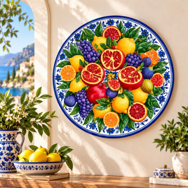 Mediterranean Citrus Harvest Wall Plate displayed on a wall