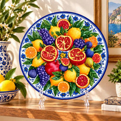 Mediterranean Citrus Harvest Wall Plate on a tabletop stand