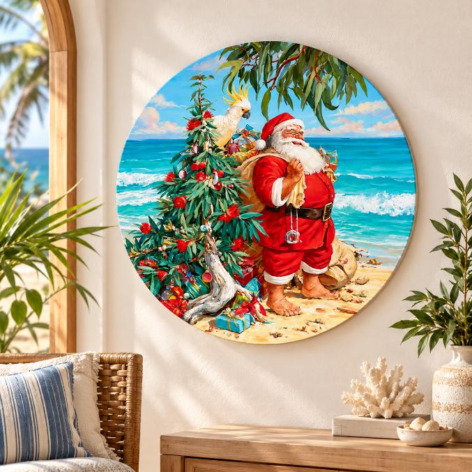 Australian Coastal Christmas Santa Wall Plate displayed on a wall