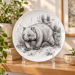 Australian Wombat Banksia Sketch Wall Plate on a tabletop stand