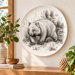 Australian Wombat Banksia Sketch Wall Plate displayed on a wall