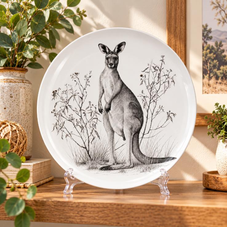 Outback Kangaroo Pencil Sketch Wall Plate on a tabletop stand