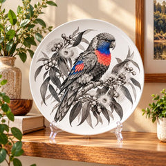 Galah Eucalyptus Blossom Wall Plate on a tabletop stand