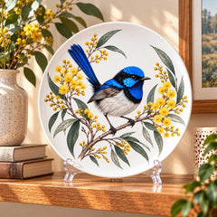 Blue Fairy Wren Golden Wattle Wall Plate on a tabletop stand