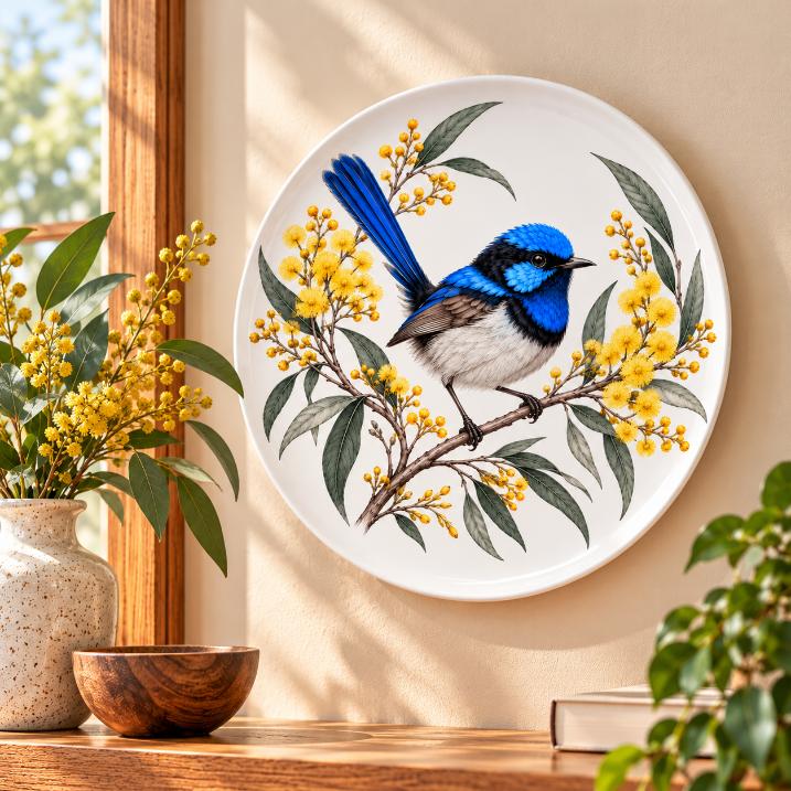 Blue Fairy Wren Golden Wattle Wall Plate displayed on a wall