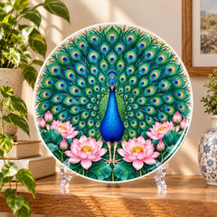 Royal Peacock Pink Lotus Garden Wall Plate on a tabletop stand