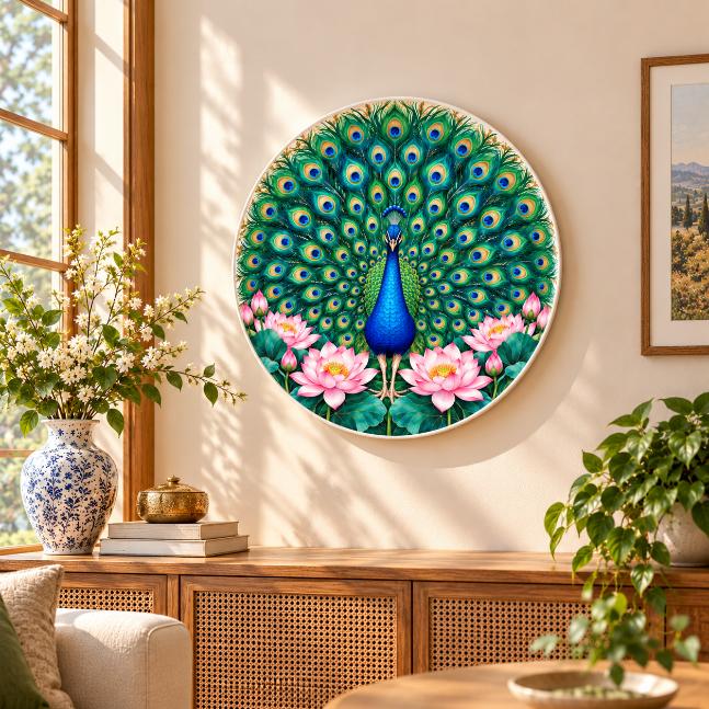 Royal Peacock Pink Lotus Garden Wall Plate displayed on a wall