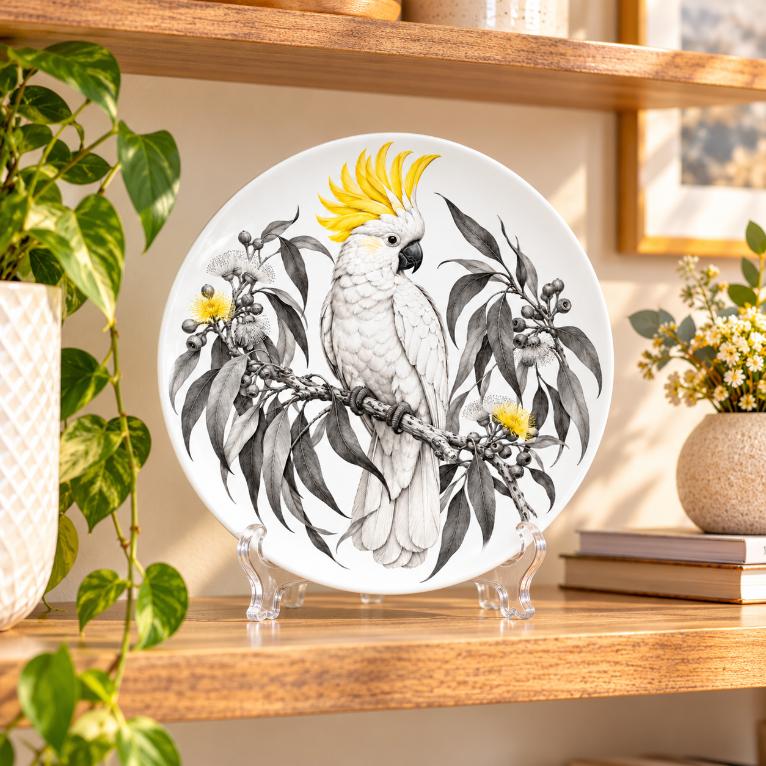 Sulphur Crested Cockatoo Eucalyptus Wall Plate on a tabletop stand